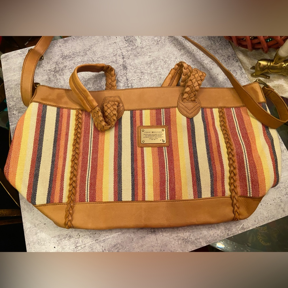 Vintage Tommy Hilfiger Leather Trimmed Striped Woven Canvas Tote